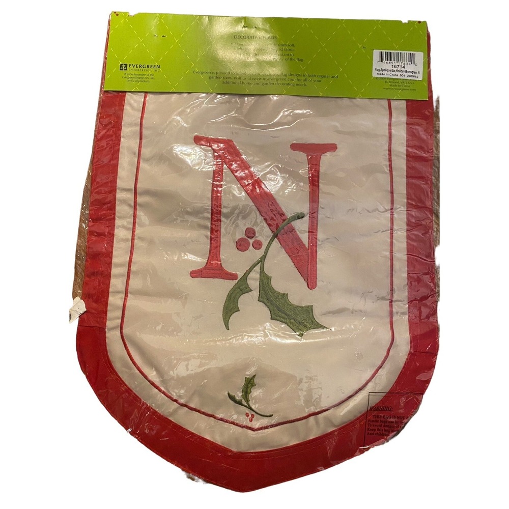 Evergreen Christmas Holiday Applique Garden Flag Monogram  "N"  16714 New
